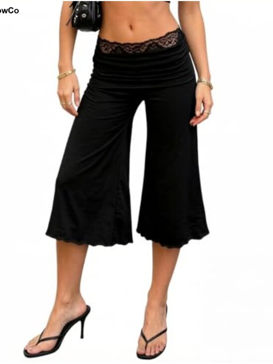 Pants - Y2K Lace Fold Over Waist Gaucho Flare Capri Pants